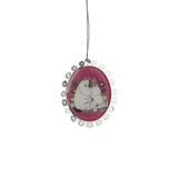 A metal ornament featuring an illustration of a character, Moomin, in a pink frame with snowflake-like designs, intended as a holiday decoration.