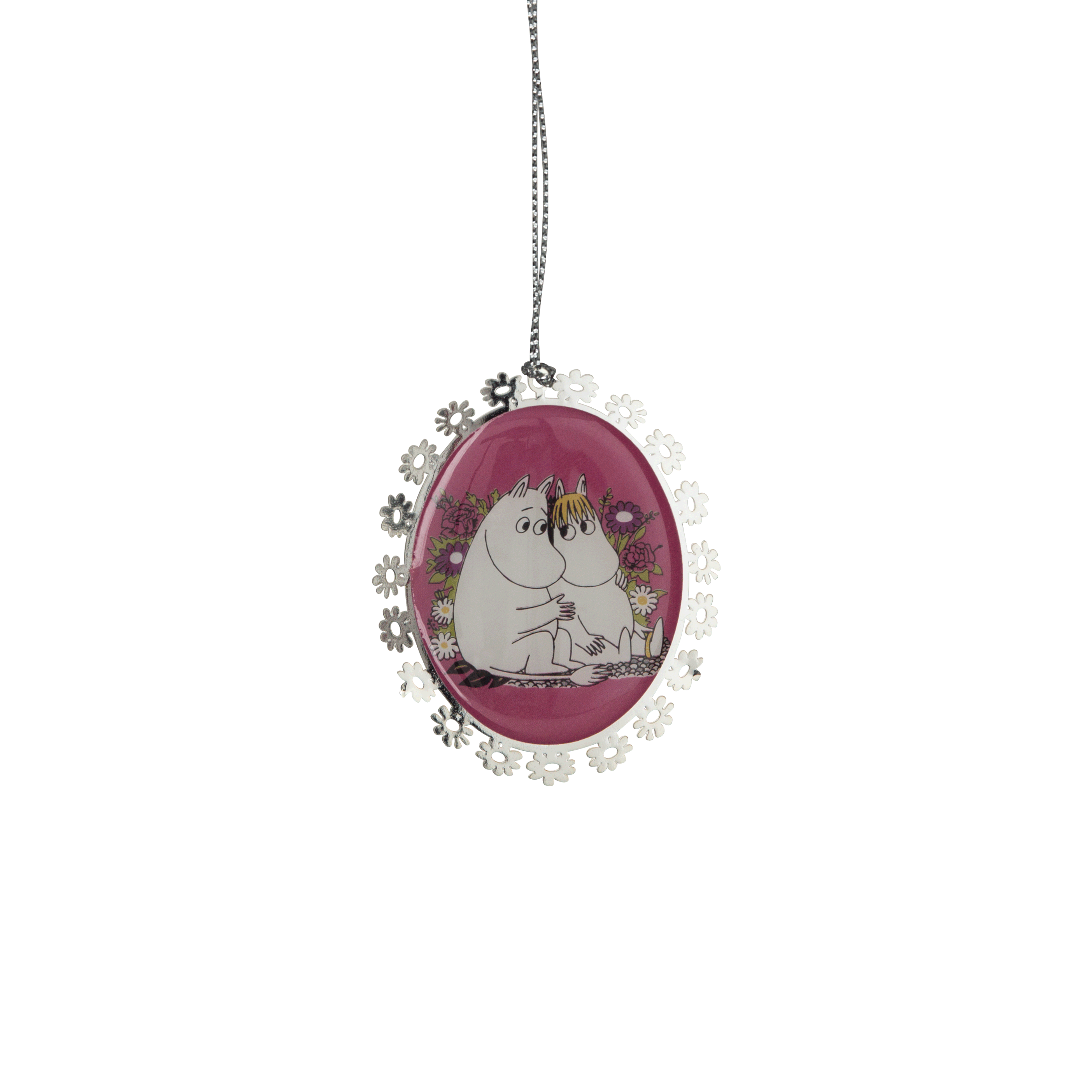 A metal ornament featuring an illustration of a character, Moomin, in a pink frame with snowflake-like designs, intended as a holiday decoration.