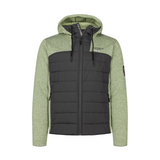 A mint green and black fleece jacket with light insulation, featuring a hood, zippered side pockets, and designed for outdoor activities.