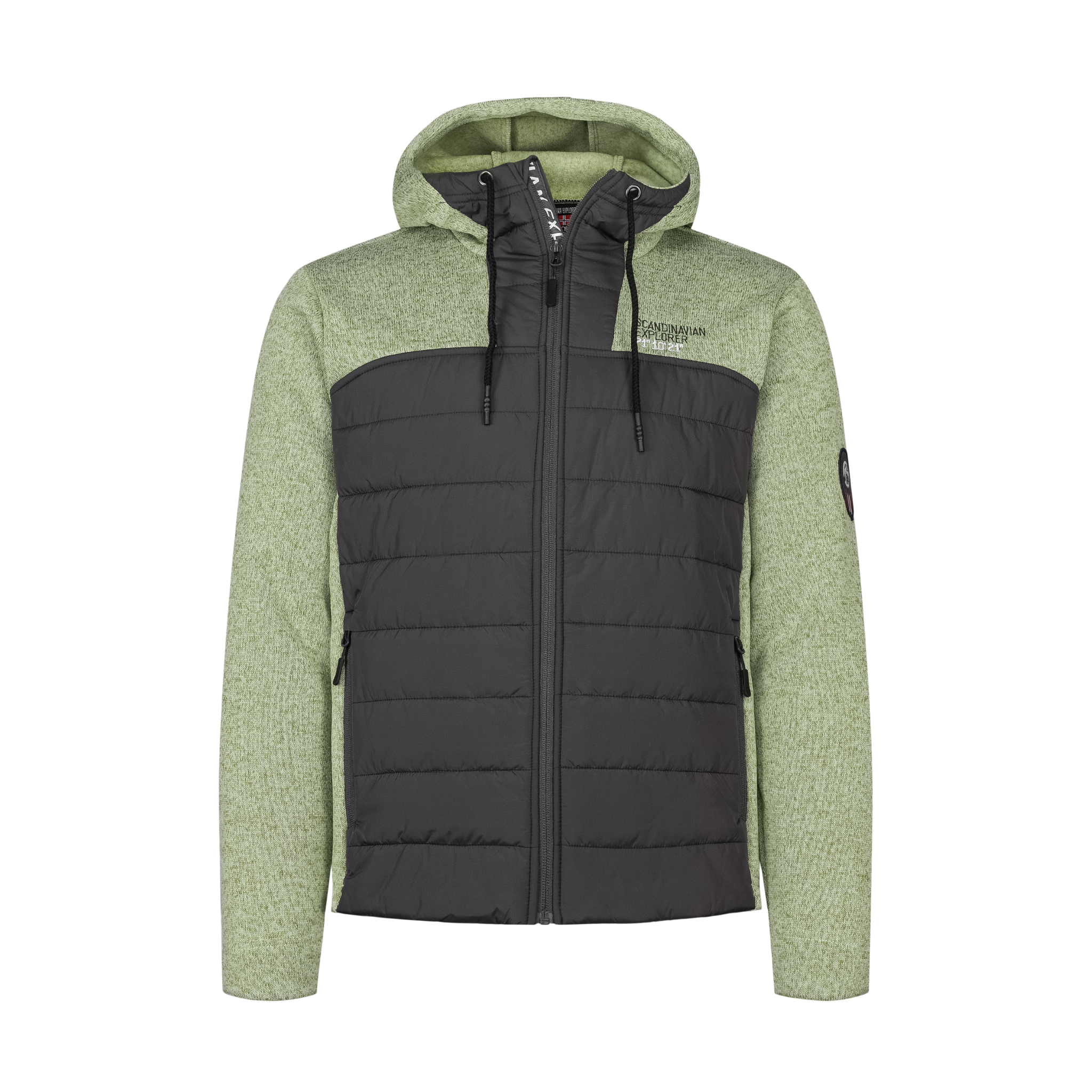 A mint green and black fleece jacket with light insulation, featuring a hood, zippered side pockets, and designed for outdoor activities.