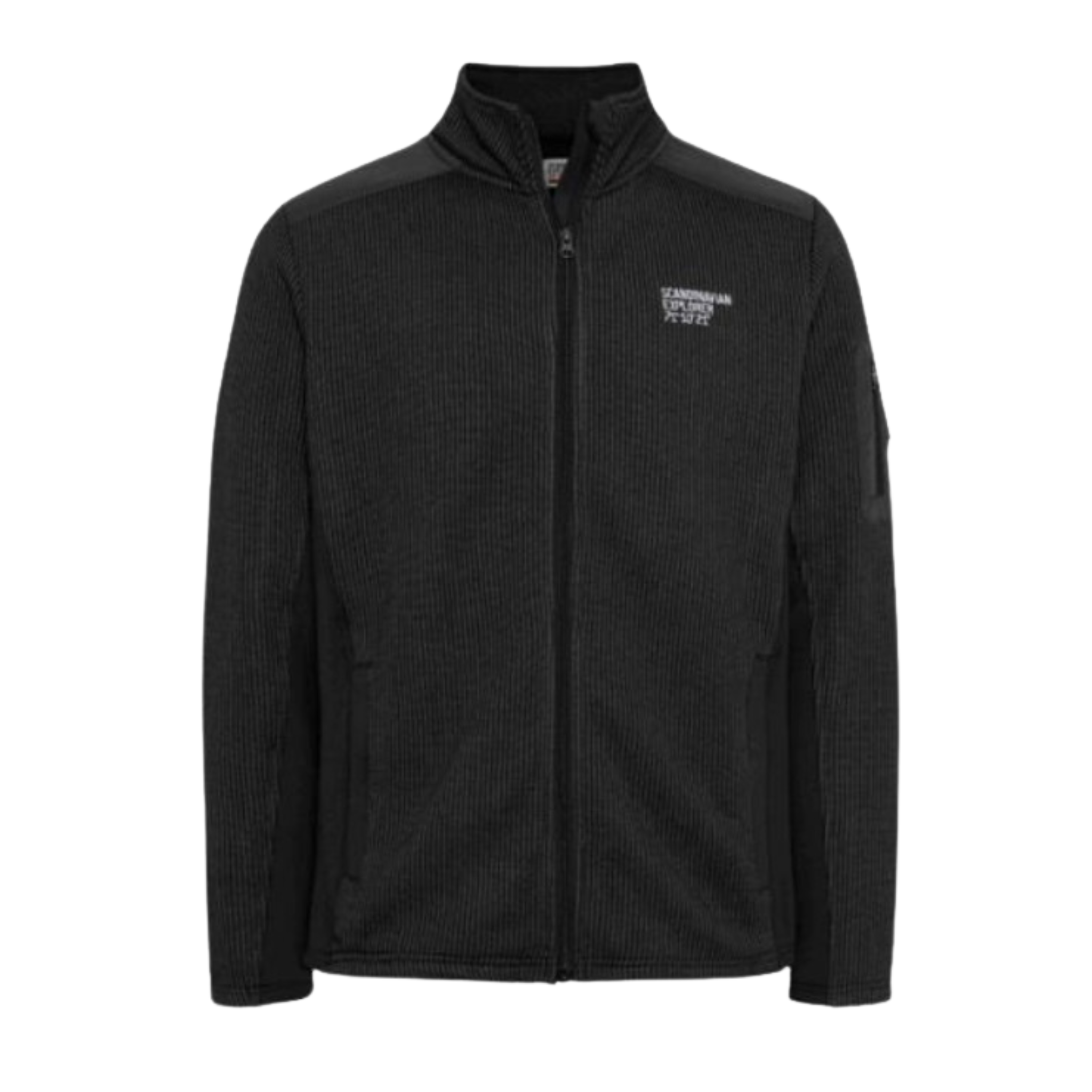 A dark grey hybrid fleece jacket with a zipper front, side pockets, and a small logo on the left chest area.