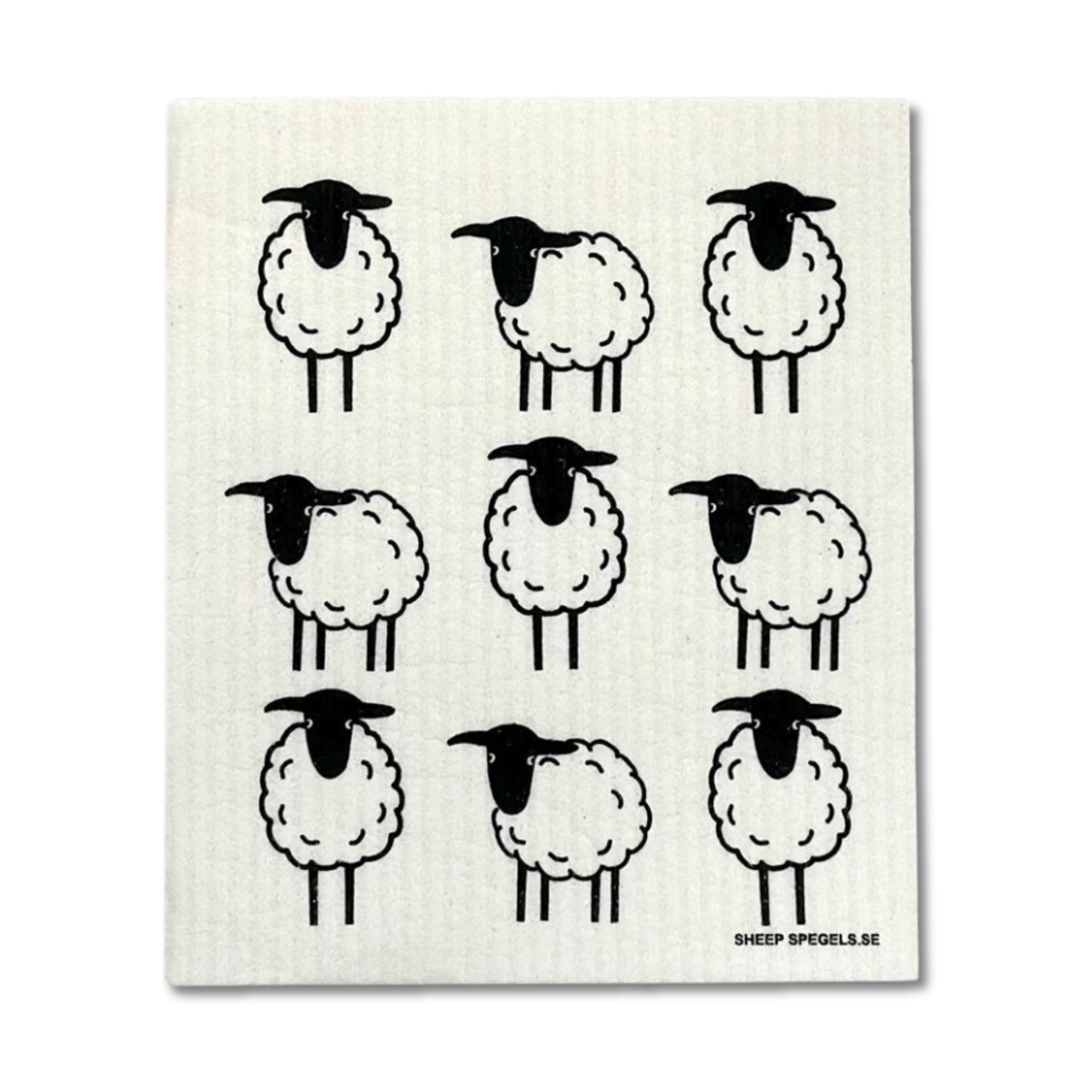 A white dishcloth with a pattern of black sheep bouncing up and down.