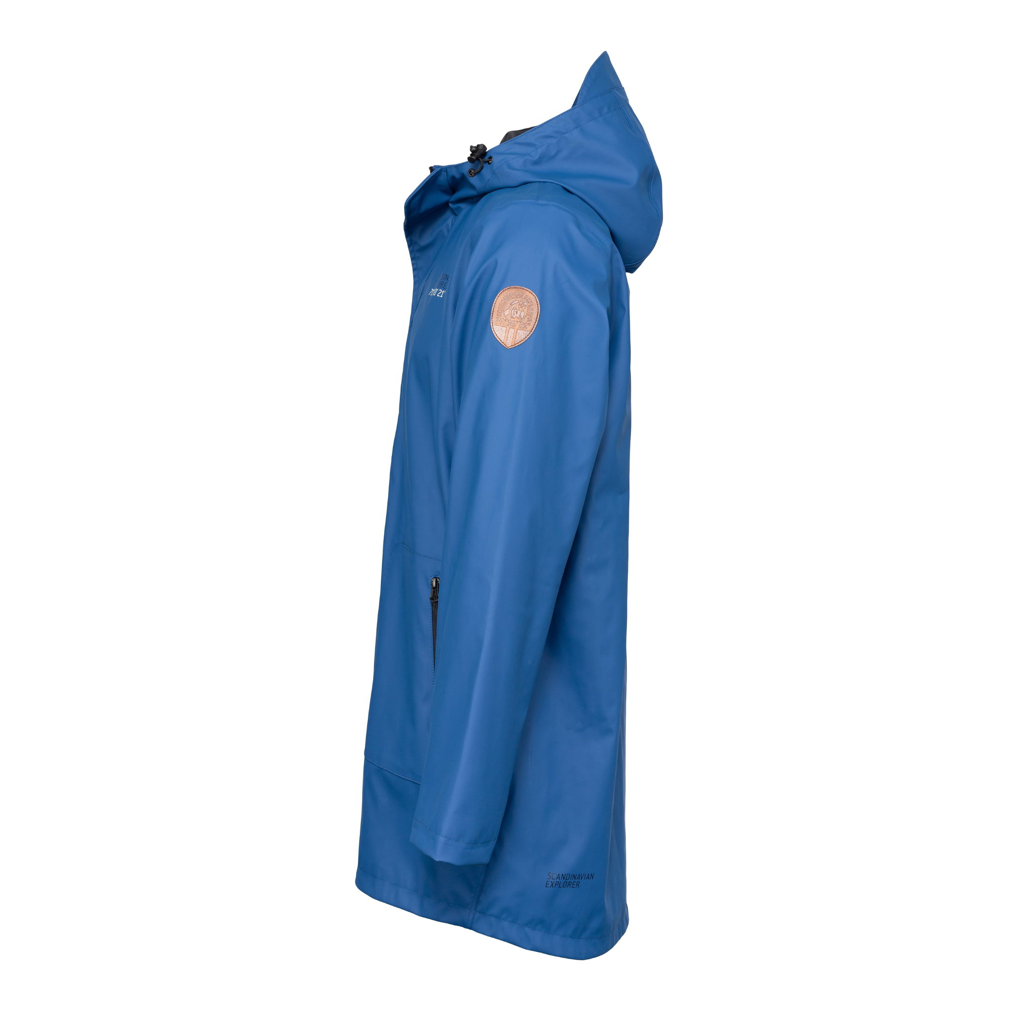 mens scandinavian raincoat royal blue side