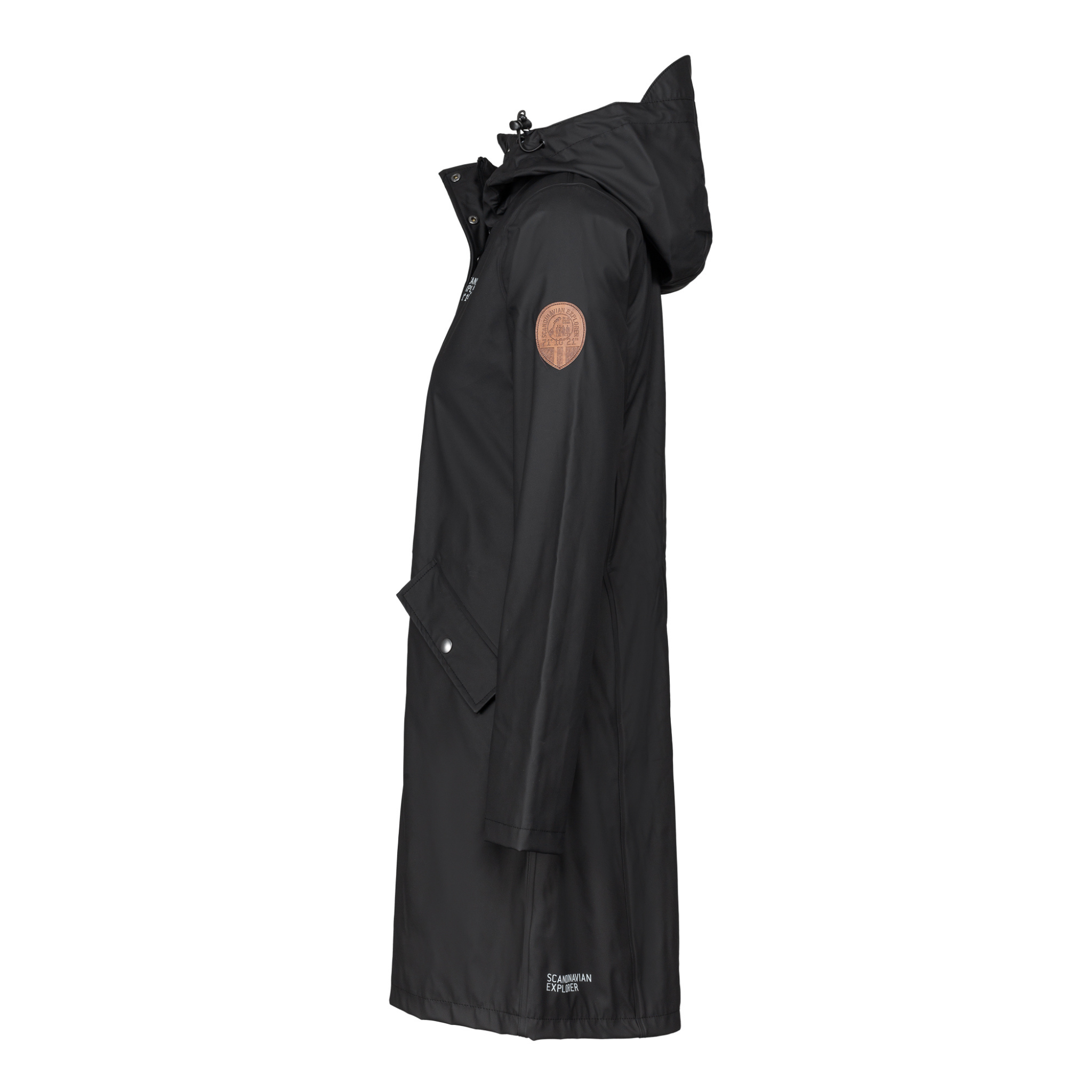 womens scandinavian raincoat black side