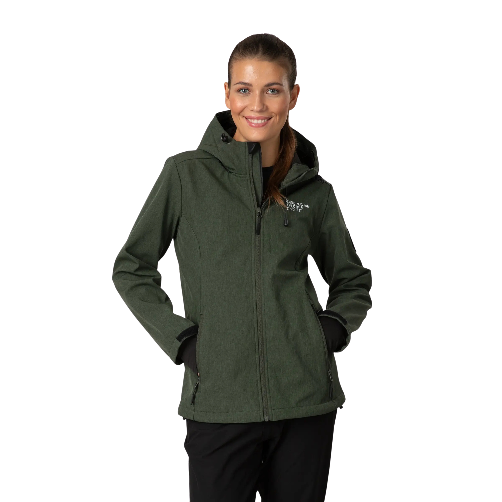 Woman wearing a green jacket with a brand logo on a white background