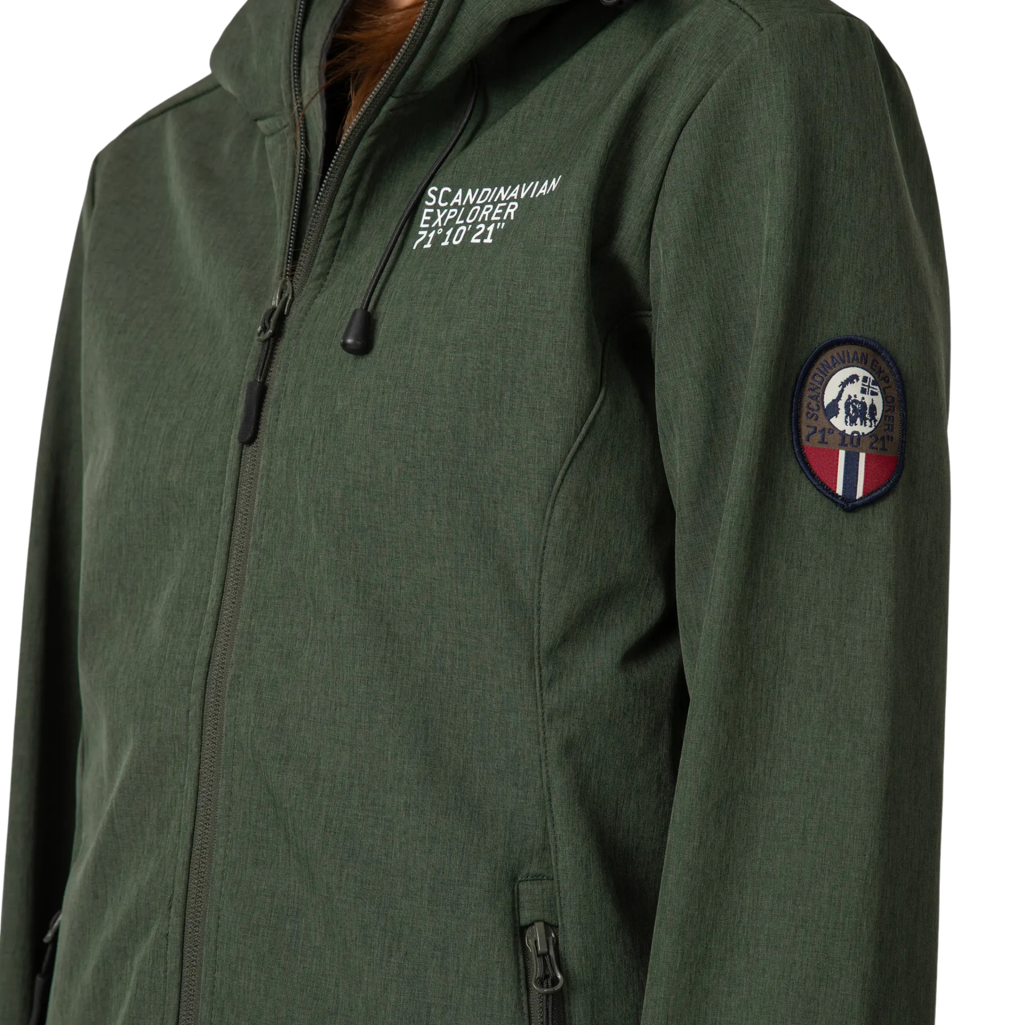 Green jacket with 'Scandinavian Explorer' text and a patch on a white background