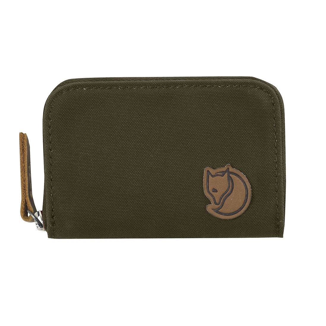 A dark olive green Fjällråven zip card holder wallet with natural leather detailing.