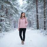 Woman in a pink jacket walking through a snowy forest