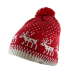 Red knit beanie with reindeer pattern and pom-pom on a white background