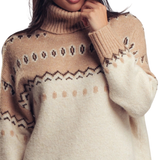 Icelandic Knit Pattern Turtleneck Sweater - Ivory Camel