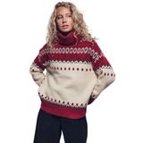 Icelandic Knit Pattern Turtleneck Sweater - Ivory Red