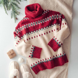 Icelandic Knit Pattern Turtleneck Sweater - Ivory Red
