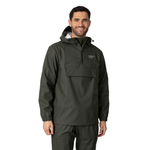 Man wearing a dark green raincoat with a visible brand logo on a white background