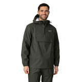 Man wearing a dark green raincoat with a visible brand logo on a white background