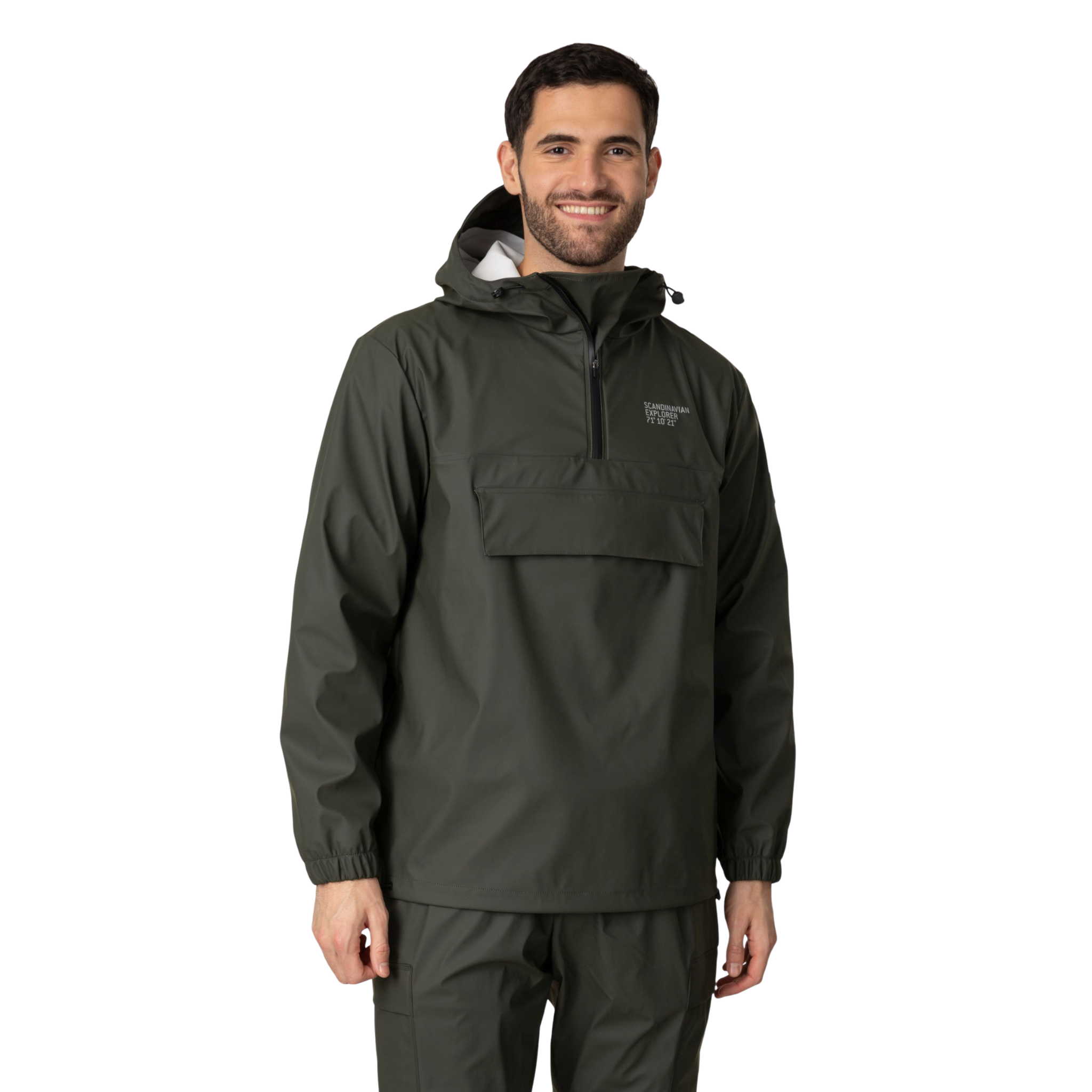 Man wearing a dark green raincoat with a visible brand logo on a white background