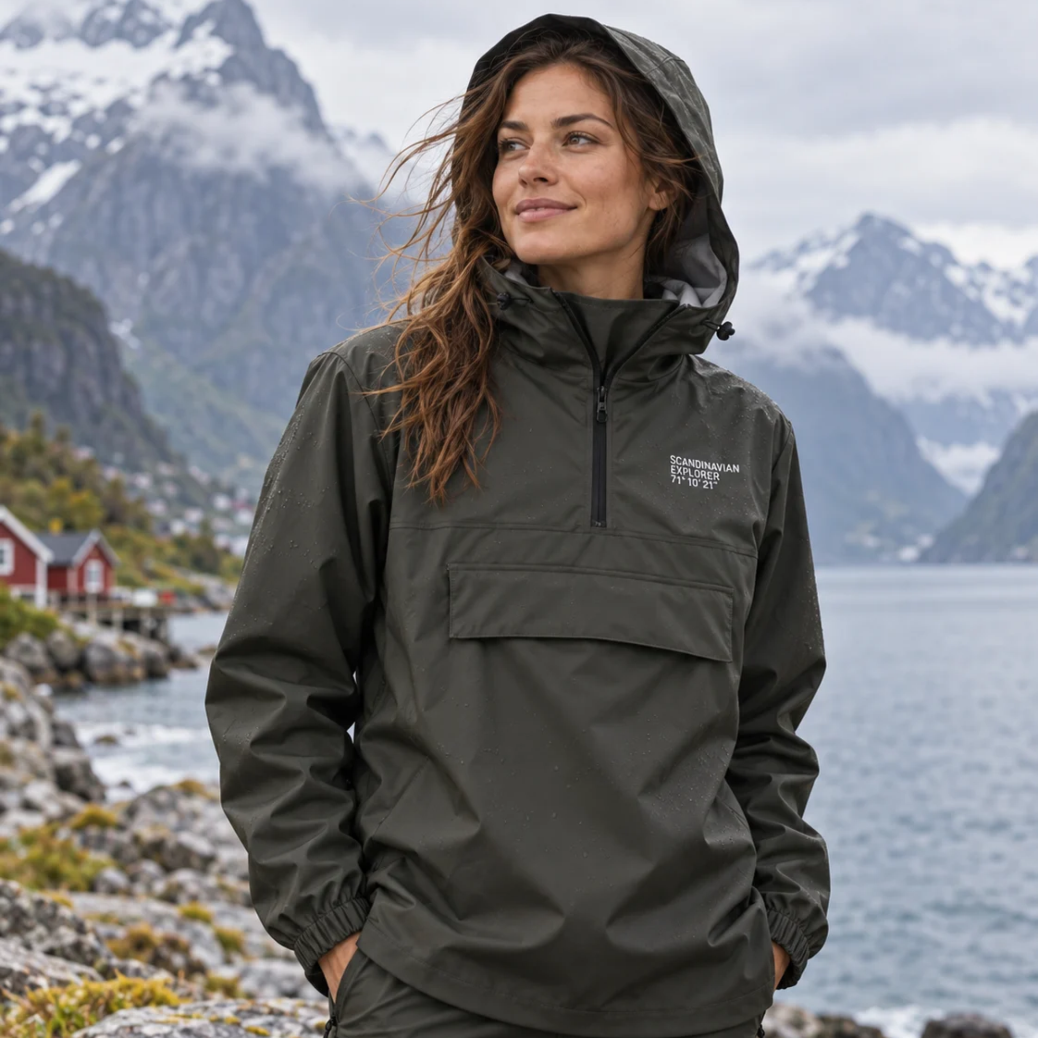 A woman wearing an olive green hooded Anorak jacket from The North Face stands outdoors in front of a dramatic mountain and fjord landscape.