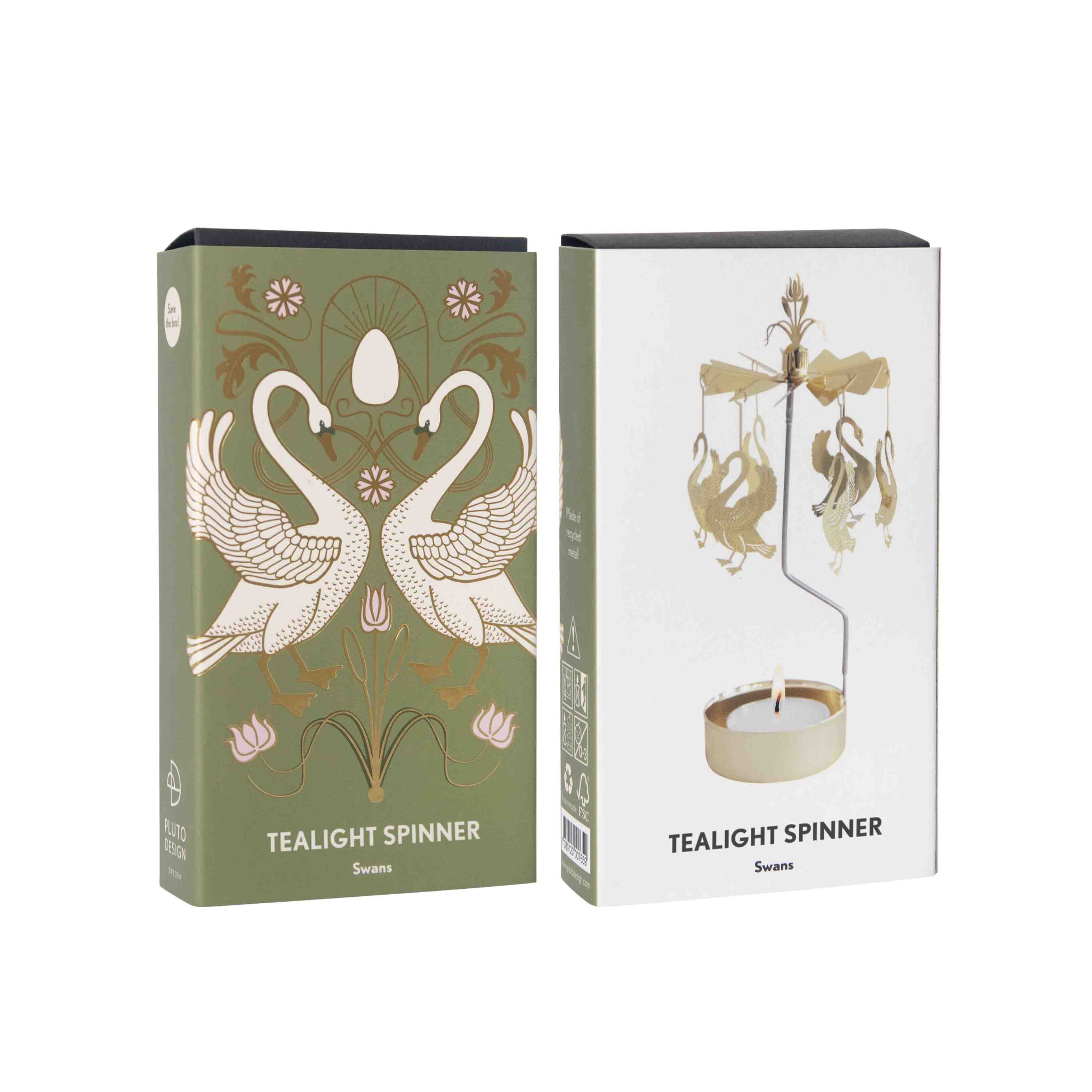 Two packaging boxes for a tealight spinner with swan design on a white background