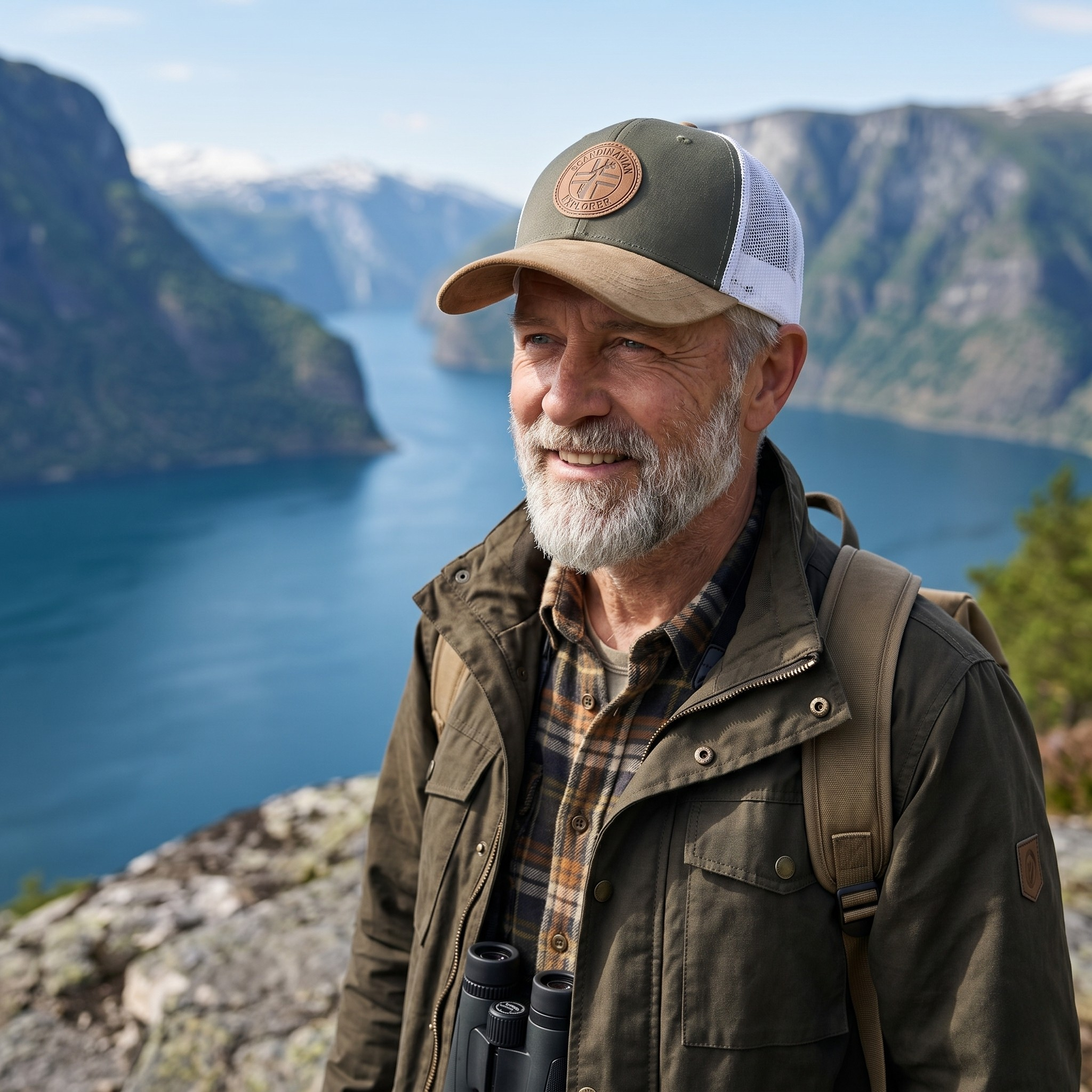 Man with a cap and binoculars standing in front of a scenic mountain lake.