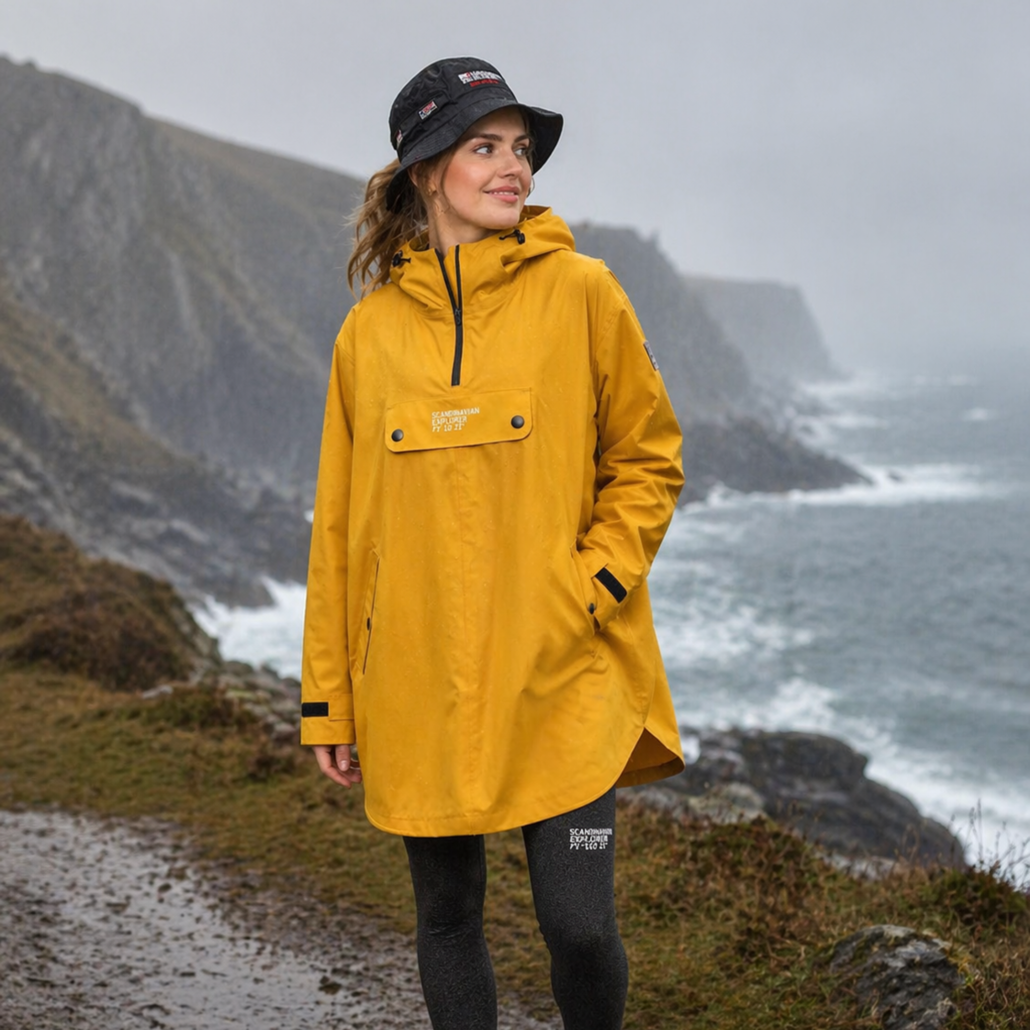 Person wearing a yellow rainponcho and navy hat standing on a coastal path with ocean and cliffs in the background.