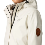 Women's scandinavian explorer white raincoat close up on model