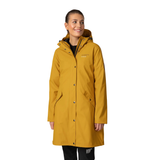Woman wearing a yellow raincoat on a white background