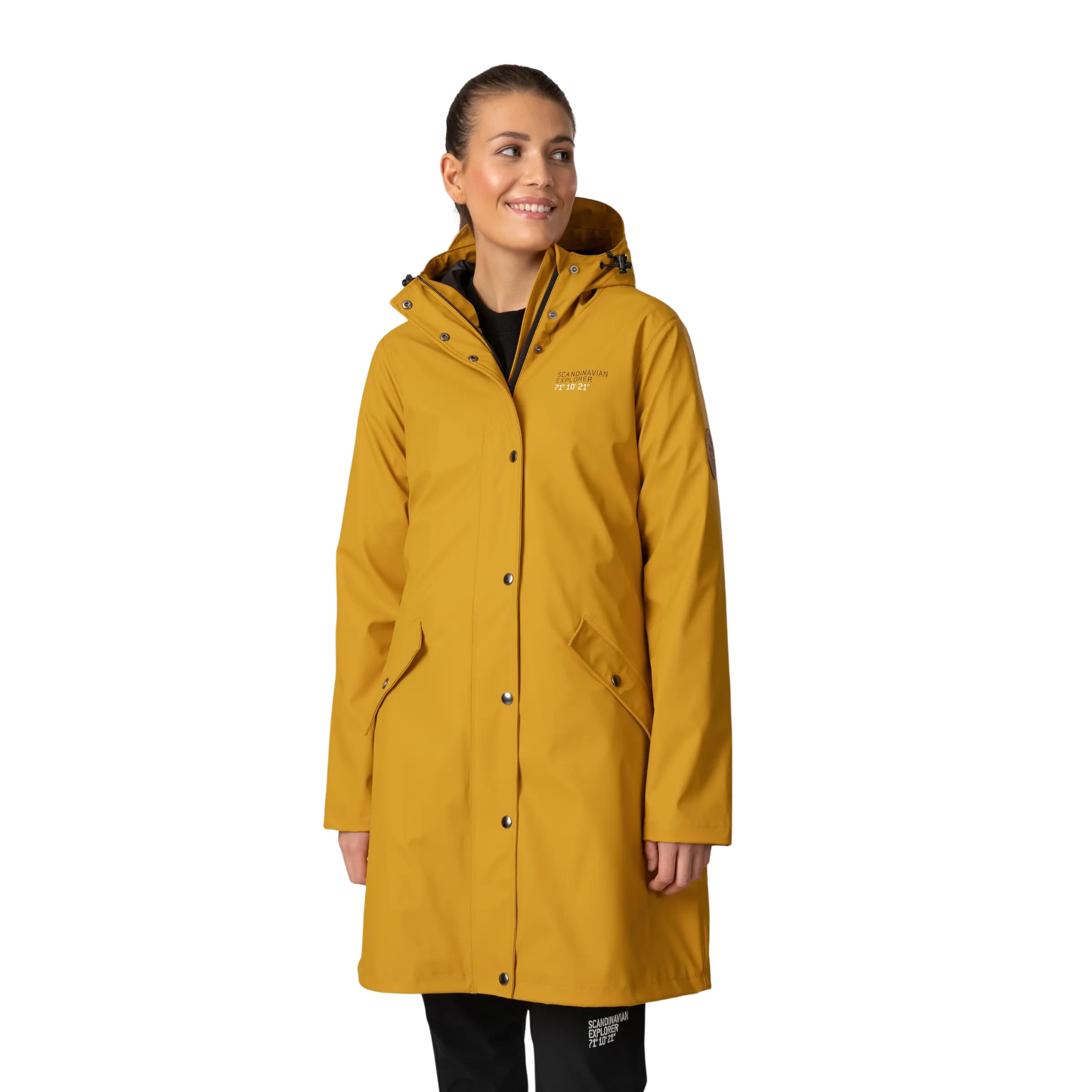 Woman wearing a yellow raincoat on a white background