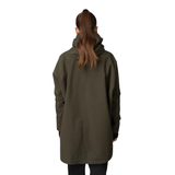 Person wearing a green coat from behind on a white background