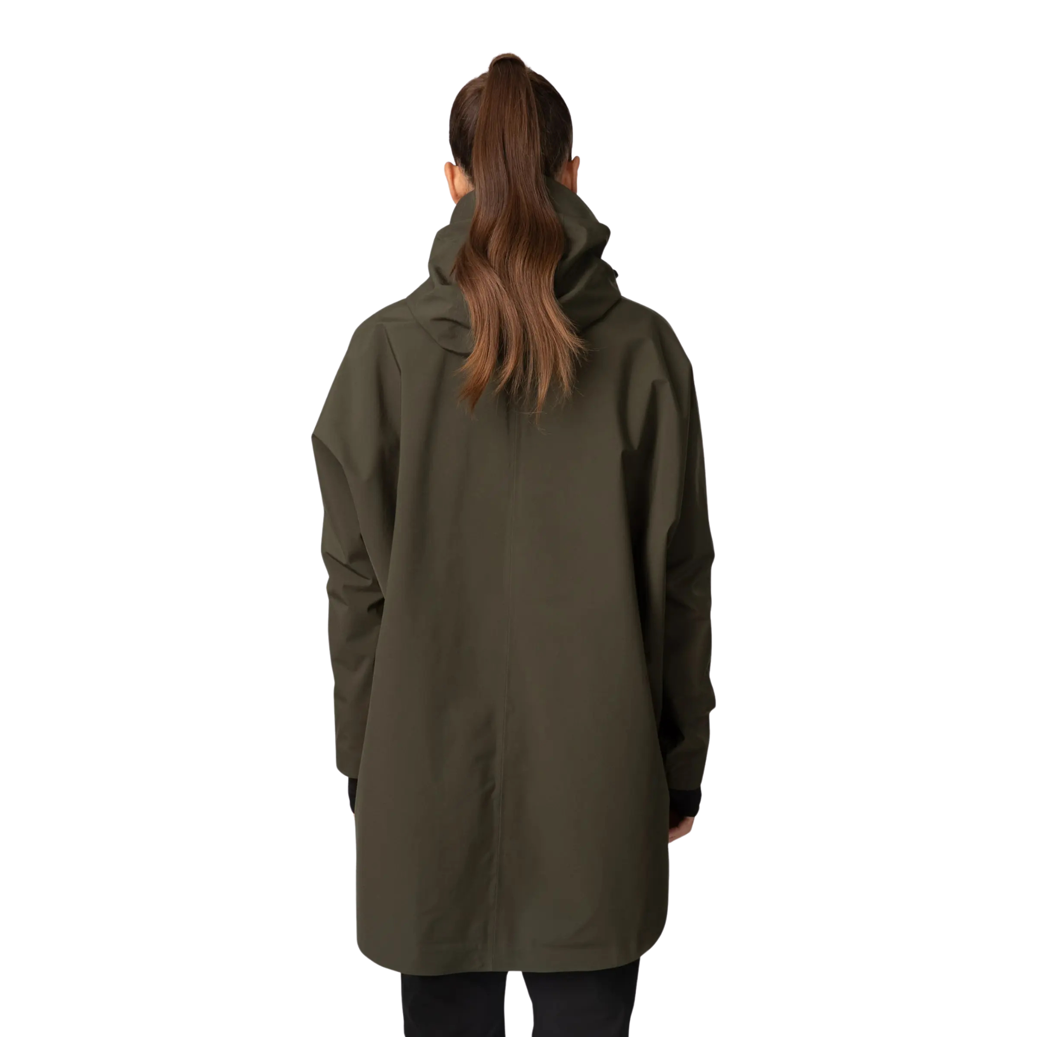 Person wearing a green coat from behind on a white background