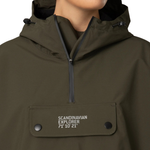 Green jacket with 'Scandinavian Explorer' branding on a white background