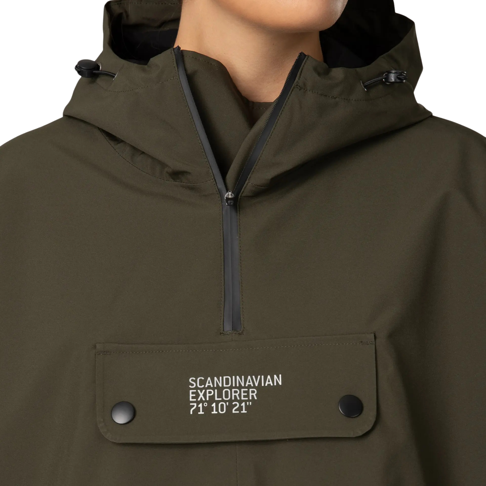 Green jacket with 'Scandinavian Explorer' branding on a white background