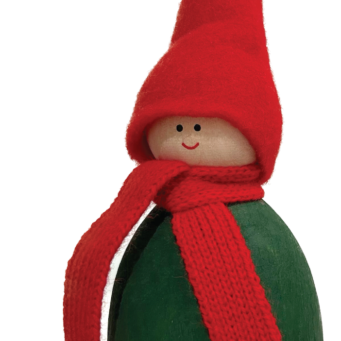 Green Tomte with Decorative Ribbon and Red Scarf