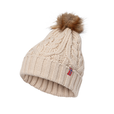 Knit Stocking Hat with Faux Fur Pom Unisex - Beige