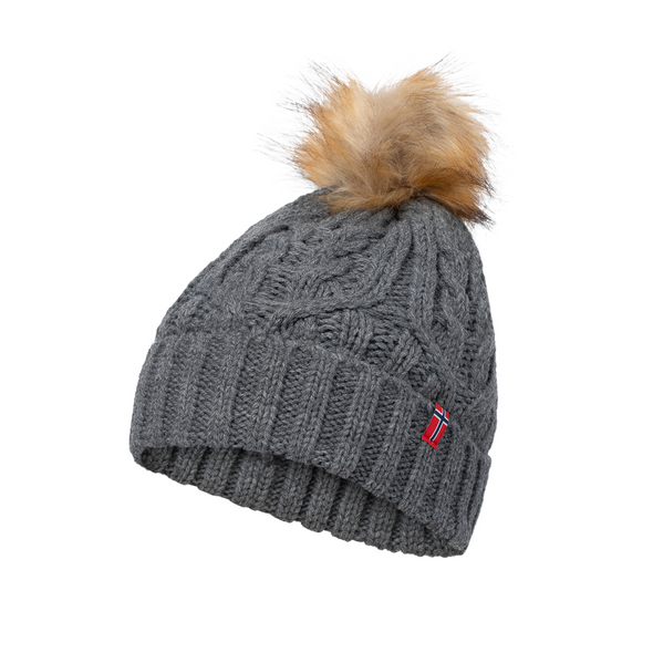 Knit Stocking Hat with Faux Fur Pom Unisex - Grey