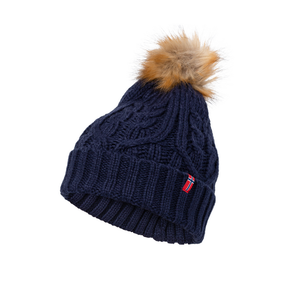 Knit Stocking Hat with Faux Fur Pom Unisex - Navy Blue